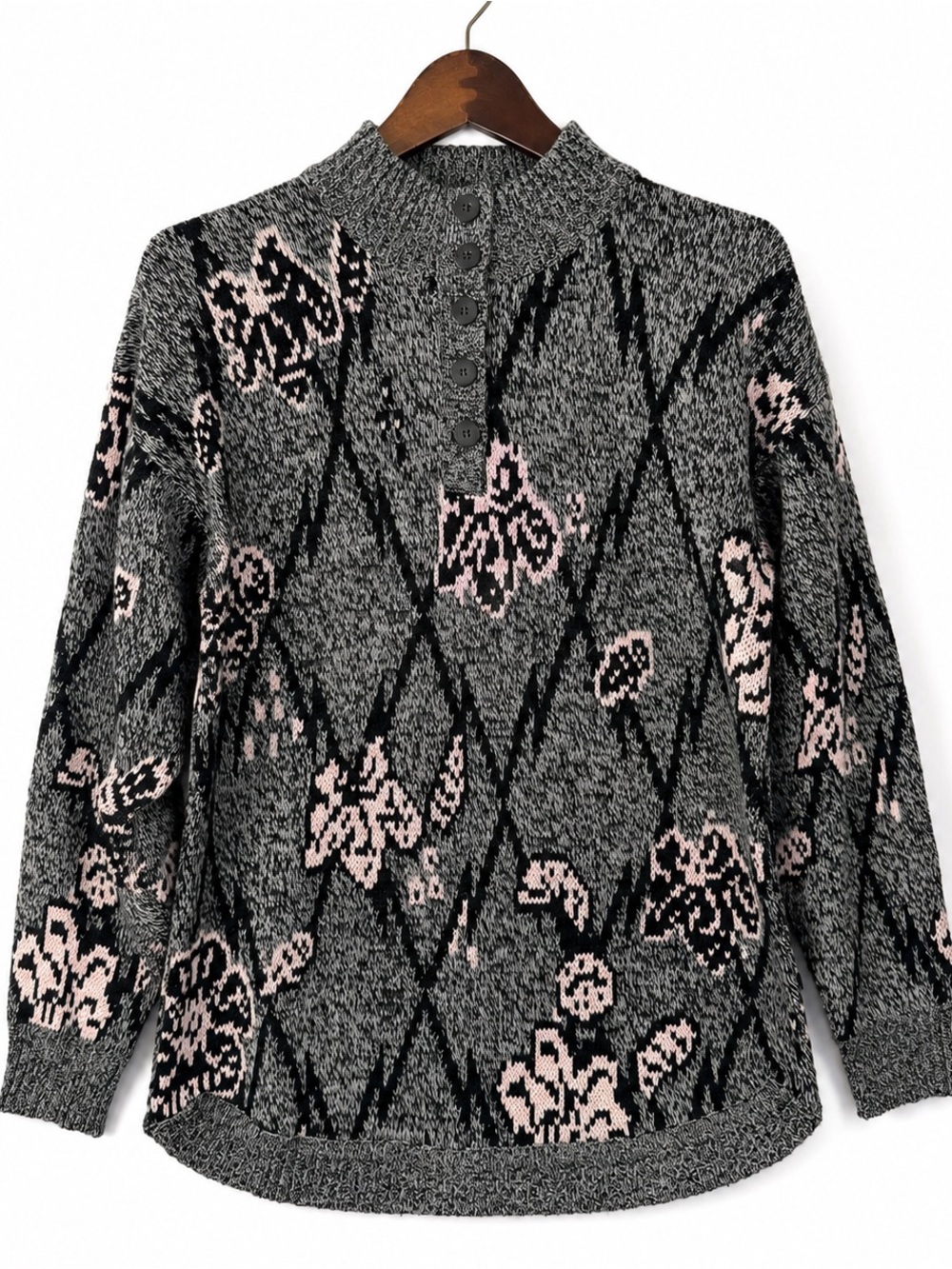 Vintage 80s American Line Floral Argyle Knit Sweater Pink Gray S